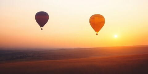 Two vibrant hot air balloons soaring above a tranquil landscape at sunset, creating a picturesque and serene atmosphere.