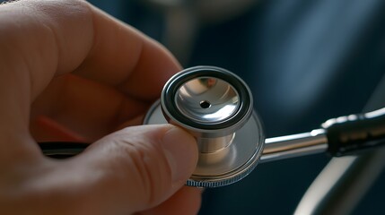 Close-up of a hand adjusting a metal stethoscope, symbolizing healthcare and medical examination in a clinical environment.