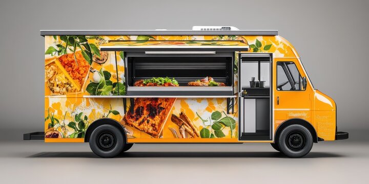 Vibrant food truck featuring delicious dishes and colorful design, perfect for culinary events and street food experiences.