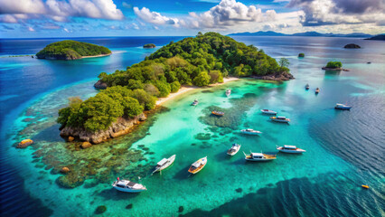 Obraz premium Tropical island surrounded by crystal-clear turquoise water, boats anchored around, lush green trees, and a stunning blue sky