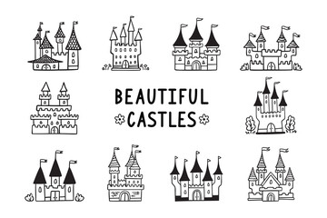 Hand drawn cartoon castle icons set. Doodle outline fairytale castle for princess, magic kingdom. © Yanka