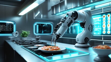 The Future of Food: Robotic Arm Serving Delicious Dish in Futuristic Kitchen  
