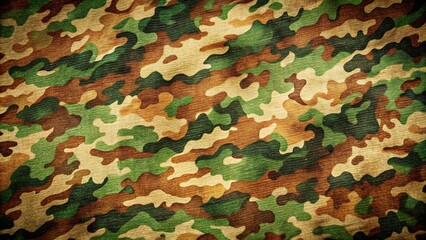 Military camouflage background with a green and brown pattern, creating depth of field