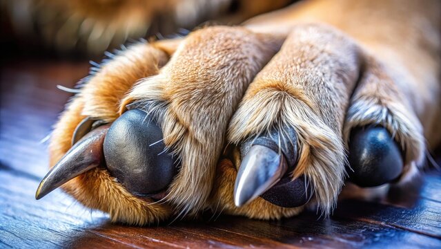 Macro close-up of a dog's paw showing the anatomy of the nail, with visible layers, ridges, and cuticle, providing an educational view of canine nail structure.