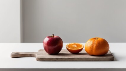 A pile of fruit on a wooden cutting board An apple and an orange rest adjacent.