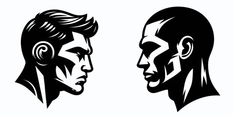 Two stylized male profiles face each other, showcasing contrasting hairstyles and bold facial features in a graphic black-and-white design.