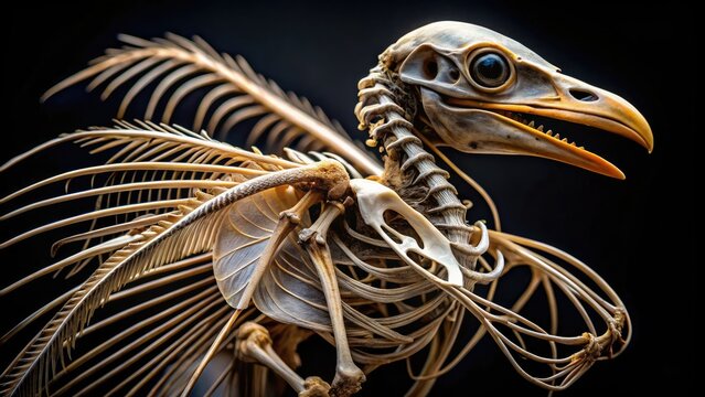 Macro photograph of a bird's skeleton, showcasing intricate details of hollow bones, wings, and feathers, highlighting the fascinating structure of avian anatomy in stunning clarity.