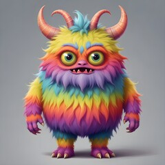 Fototapeta premium A colorful, fluffy monster with large eyes and horns, standing against a plain gray background