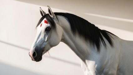 A white horse with a black mane and a red mark on its forehead.