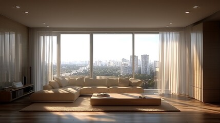 Fototapeta premium Spacious Living Room with Large Windows and Light Colors