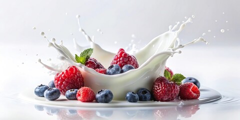 Milk splash with berries on white background with depth of field