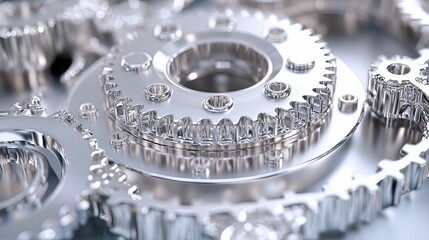 Close-up of Shiny Chrome Gears Interlocking