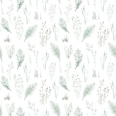 Floral seamless pattern with abstract blue and beige flowers, delicate branches and leaves. Watercolor print isolated on white background for textile or wallpapers.