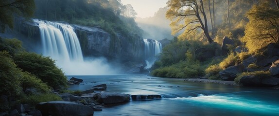 River floating beautiful wind above forest busy dense rocky across waterfall leaning.