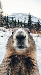 The marmot looks directly at the camera, surrounded by snow and tall trees in winter scenery