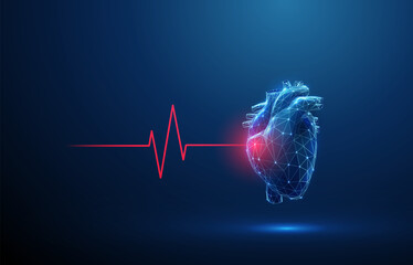 Abstract blue human heart with red cardio pulse line and red circle. Healthcare medical concept