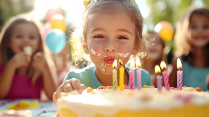 A young girl blows out candles on her birthday cake with two friends watching.