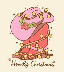 Cute Christmas Cowboy boot and pink cowgirl hat hand drawn cartoon doodle greeting card idea