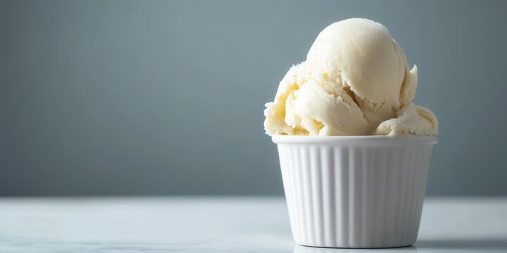 A scoop of creamy vanilla ice cream in a white cup, perfect for desserts and treats on a warm day.