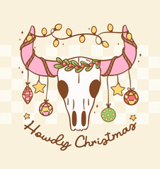 Cute Christmas Cowboy Bull skull pink horn with decoration hand drawn cartoon doodle greeting card idea