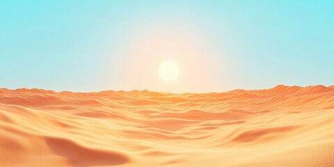 A serene desert landscape featuring rolling sand dunes and a bright sun setting in a clear blue sky.