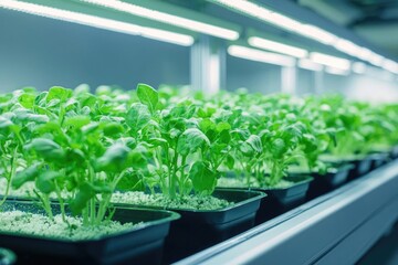 Vibrant green plants thriving in a modern indoor garden, showcasing healthy growth in a hydroponic setting with LED lighting.