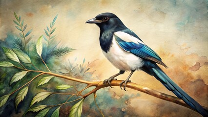 Obraz premium This vibrant hand-drawn watercolor artwork features a close-up of a magpie on a branch, an ideal addition to elevate the presentation of food