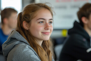 Schülerin sitzt im Unterricht und hört aufmersam zu.