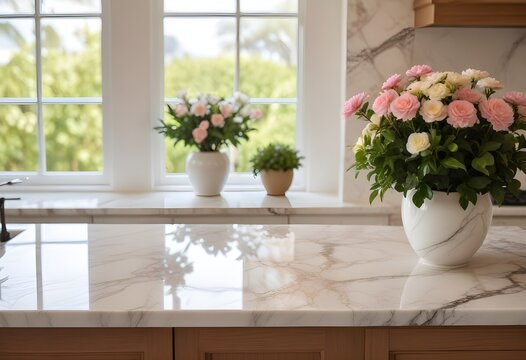A marble kitchen counter with a vase of fresh flowers and a bonsai tree in the background, with a blurred beach scene visible through a window