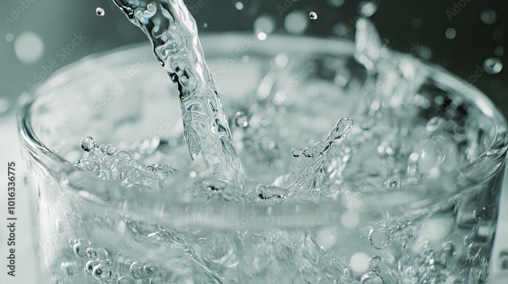 Poster A close-up of crystal-clear water being poured into a glass, with splashes and bubbles forming against a clean background.