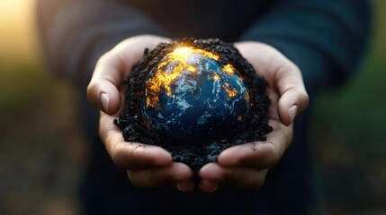 Fototapeta premium A person holds a glowing Earth, symbolizing hope and care for the planet amidst a backdrop of darkness.