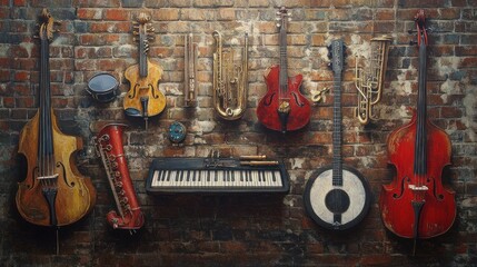 Naklejka premium Musical Instruments on Brick Wall