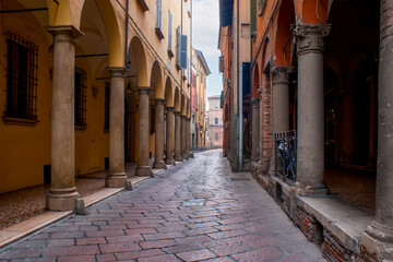 Charming narrow Via Porta Nuova with historic mansions and arcades, Bologna, Italy © efesenko