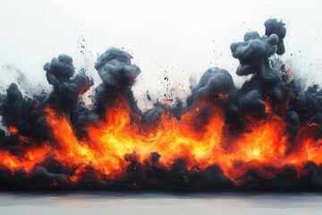 dramatic depiction of a fiery explosion with colorful streaks and black smoke creating a powerful visual impact against a stark white background