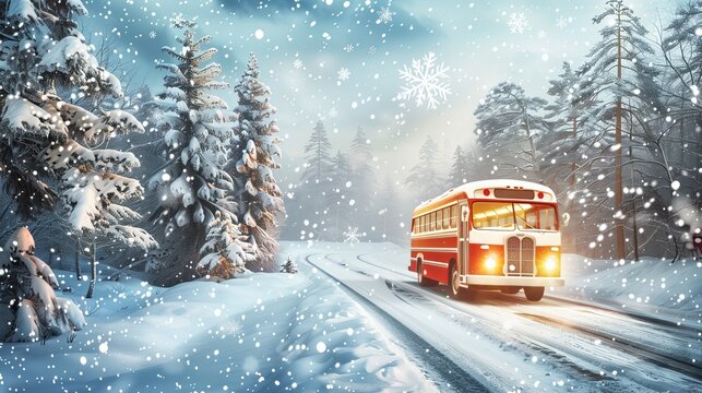 The Xmas bus in winter season For christmas invitation