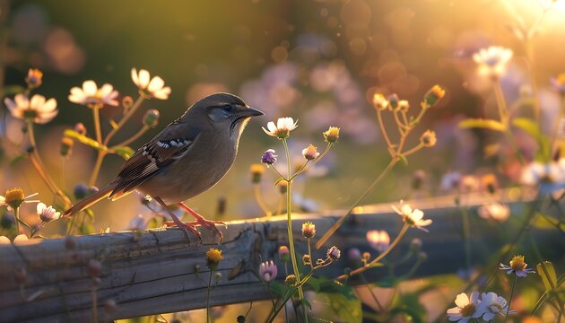 tiny wren perched on  wooden fence surrounded by blooming wildflowers nd bthed in wrm fternoon light