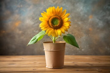 Fototapeta premium Sunflower in full bloom in brown pot muted brown and gray background