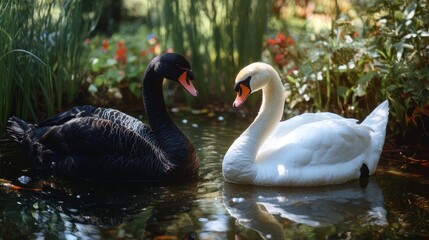 Obraz premium A beautiful white swan and a striking black swan basking in the sunlight by a quiet pond.