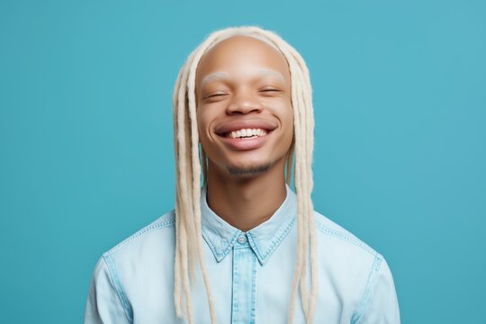 A man with dreadlocks is smiling and looking at the camera. He is wearing a blue shirt and has a white beard