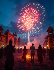 Colorful Fireworks Over Historic Palace at Night with Crowd Silhouettes