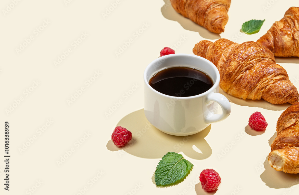 Canvas Prints Flat lay of espresso coffee cup, fresh croissants, raspberry and mint leaf  on yellow background.