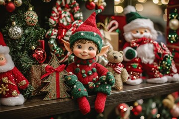 Adorable Christmas Elf Toy Sitting on a Shelf with Festive Decorations, AI Generation