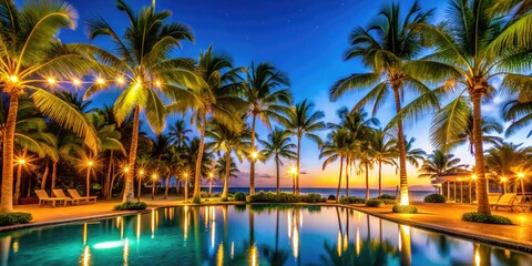 Obraz premium Minimalist Tropical Paradise with Palms, Azure Sea, and Blue Sky - Summer Vacation Landscape