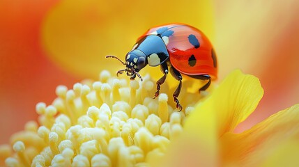 Obraz premium Ladybug Perched on a Yellow Flower with Delicate White Stamens