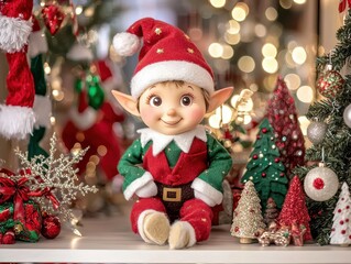 Adorable Christmas Elf Toy Sitting on a Shelf with Festive Decorations, AI Generation
