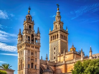 Fototapeta premium Minimalist View of Giralda Tower in Seville Cathedral, Andalusia - Iconic Landmark Photography
