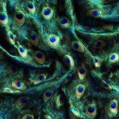 Obraz premium Luxurious peacock feather patterned fabric with rich colors and elegant draping