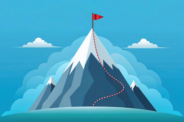 Mountain peak illustration with a red flag on top and a marked path leading to the summit, symbolizing achievement, goal setting, and success