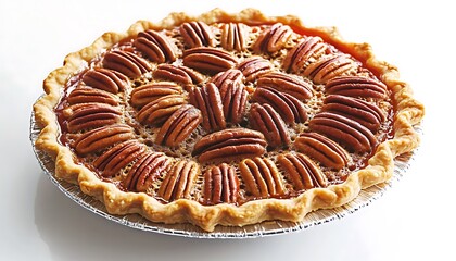 A freshly baked Thanksgiving pecan pie with caramelized pecans on top, isolated on a white surface.