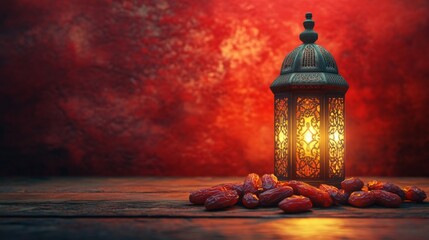 Fototapeta premium A traditional Islamic lantern with a warm glow sits on a wooden table with dates in front of it.